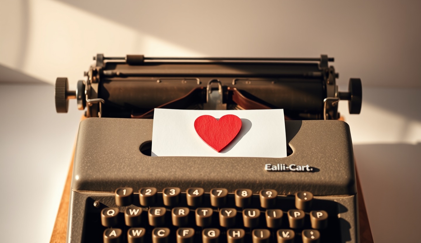 A vintage typewriter with a single red heart on the sheet of paper, in warm studio light